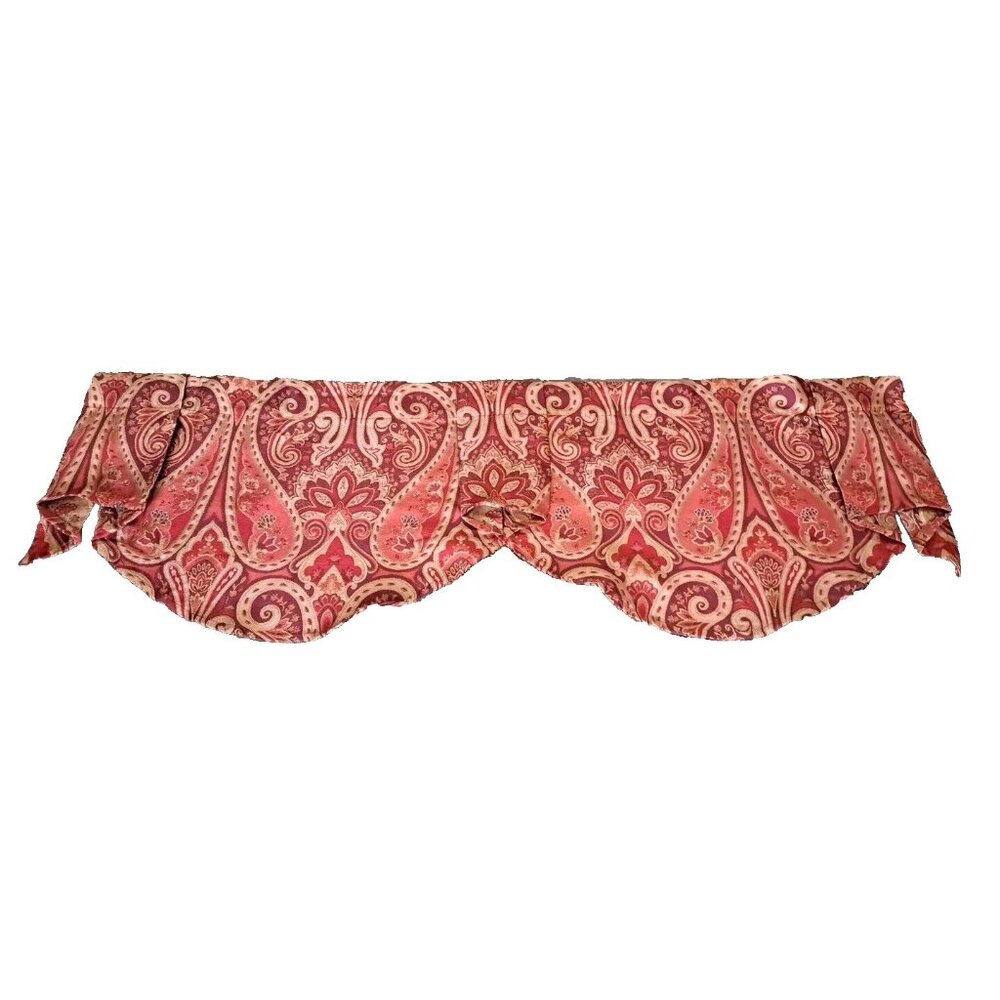 Curtain Valance Scalloped Pinched Paisley Red Orange Floral Abstract 54x18